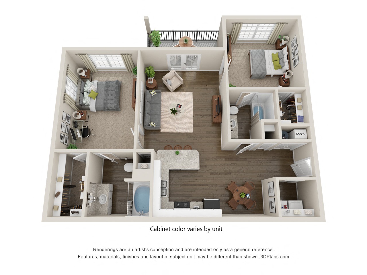 Floor plan for 2 beds, 2 baths, 1168 sqft